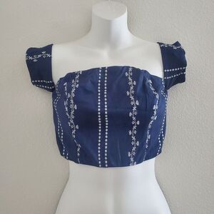 Honey Belle Crop Top Small Navy Blue Embroidered Floral Boho Romantic Fairy